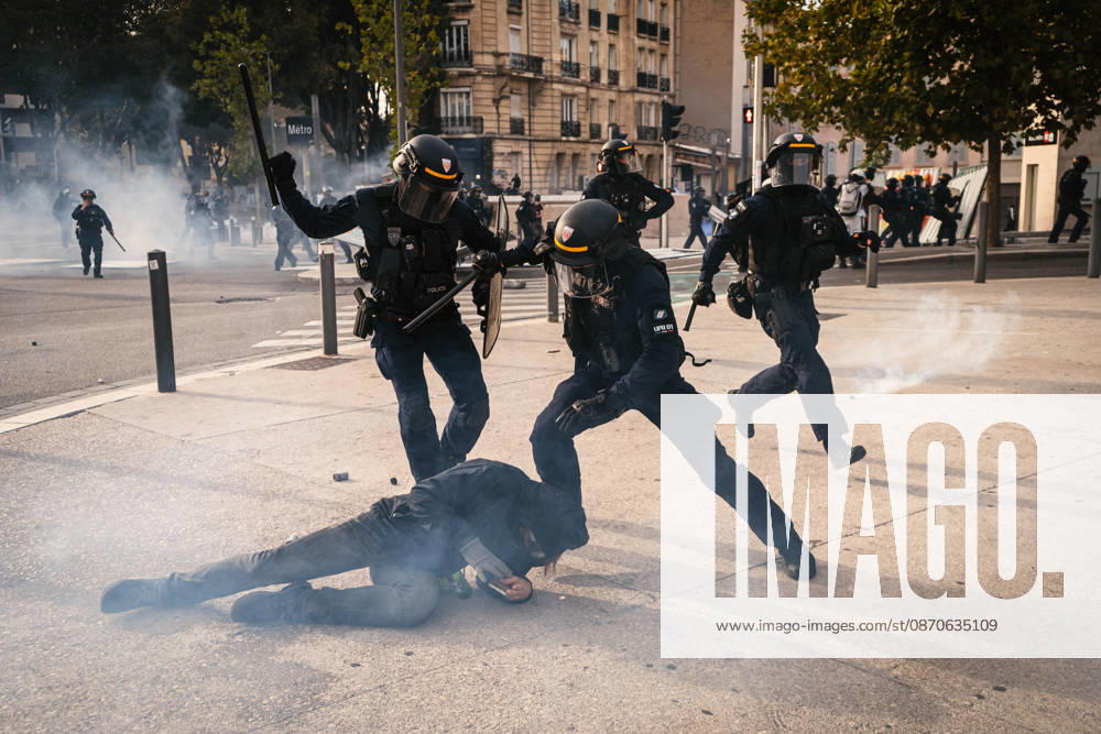 Marseille France Street Protests Police officers detain a person during a protest in Marseille, France on October 24, 2026. Authorities deployed around 70,000 security personnel across France for renewed protests over the cost of living, after unrest a week earlier saw public buildings damaged, hundreds of shops looted and about 2,700 people arrested. Marseille Provence-Alpes-CÃ te France