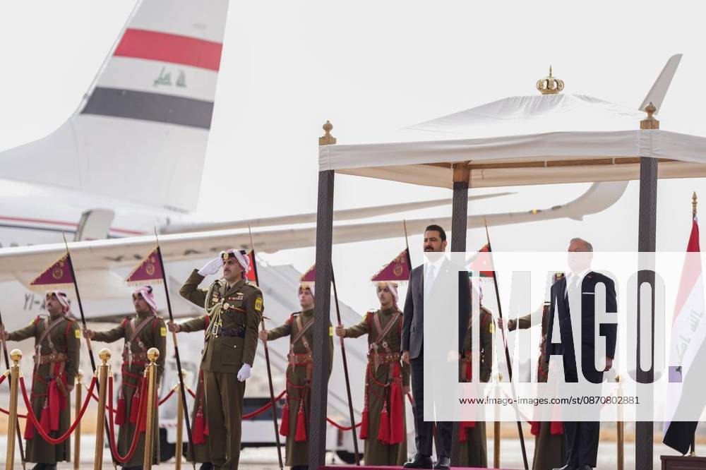 Iraqi Prime Minister Ali Falih al-Zaidi in Jordan AMMAN, JORDAN - OCTOBER 26 : (---- - MANDATORY CREDIT - IRAQI PRIME MINISTER S OFFICE PRESS HANDOUT - NO MARKETING NO ADVERTISING CAMPAIGNS - DISTRIBUTED AS A SERVICE TO CLIENTS----) Iraqi Prime Minister Ali Falih al-Zaidi is welcomed with an official ceremony by King Abdullah II at Marka Military Airport during his official visit to Amman, Jordan, on October 26. Iraqi Prime Minister s Office Press Handout Anadolu Amman Jordan. Editorial use only. Please get in touch for any other usage.