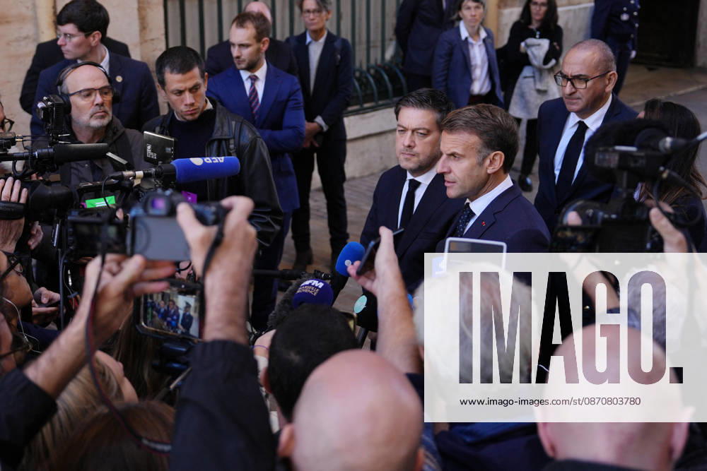 President Macron visits Marseille a Week After the Riots - France French President Emmanuel Macron and Marseille Mayor Benoit Payan address the media in Marseille, France, Monday, October 26, 2026, during a visit to notice the return of republican order after the violence and looting that punctuated the citizen mobilization of October 17, 2026. Protests by high school students over learning conditions sparked a movement that has since spread nationwide, fuelled by broader anger over the rising cost of living. Photo by Aurelien Morissard Pool ABACAPRESS.COM Marseille France