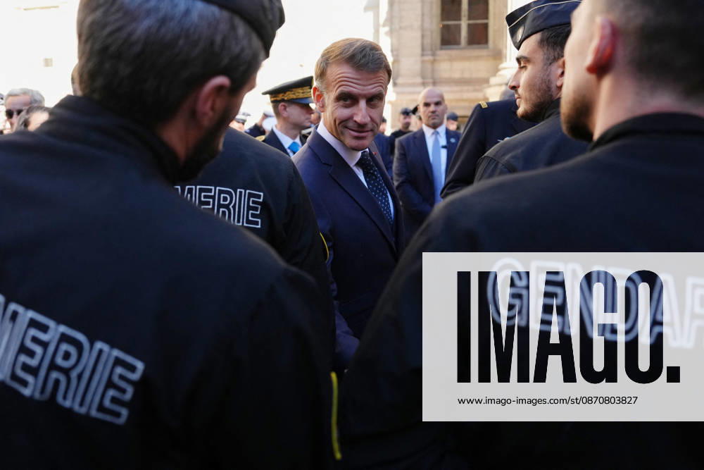 President Macron visits Marseille a Week After the Riots - France French President Emmanuel Macron meets with the police force in Marseille, France, Monday, October 26, 2026, during a visit to notice the return of republican order after the violence and looting that punctuated the citizen mobilization of October 17, 2026. Protests by high school students over learning conditions sparked a movement that has since spread nationwide, fuelled by broader anger over the rising cost of living. Photo by Aurelien Morissard Pool ABACAPRESS.COM Marseille France