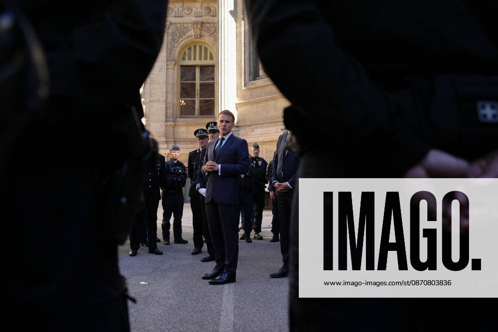 President Macron visits Marseille a Week After the Riots - France French President Emmanuel Macron meets with the police force at the prefecture in Marseille, France, Monday, October 26, 2026, during a visit to notice the return of republican order after the violence and looting that punctuated the citizen mobilization of October 17, 2026. Protests by high school students over learning conditions sparked a movement that has since spread nationwide, fuelled by broader anger over the rising cost of living. Photo by Aurelien Morissard Pool ABACAPRESS.COM Marseille France