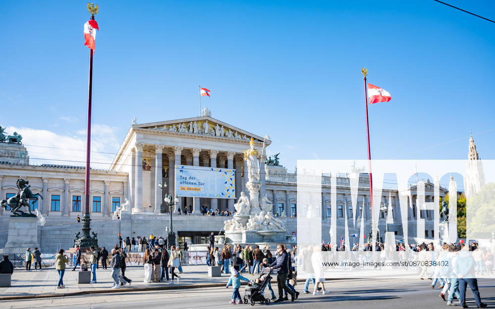 Official celebrations for Austria’s National Day 2026 Wreath-laying ceremony during the official celebrations for National Day 2026 at the outer castle gate on Vienna’s Heldenplatz, Austria. The photo shows the Austrian Parliament in Vienna; Vienna Parliament; Vienna; Austria