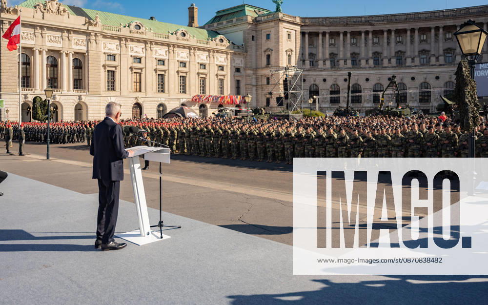 Official celebrations for Austria’s National Day 2026 Oath-taking ceremony during the official celebrations for National Day 2026 at Heldenplatz in Vienna, Austria. Image shows Alexander Sascha Van der Bellen, Federal President of the Republic of Austria, in Vienna at Heldenplatz, Vienna, Austria