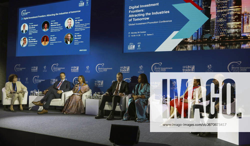 Doha Qatar Investment Forum Panelists participate in a discussion session at the World Investment Forum in Doha, Qatar on October 26, 2026. The Forum brought together policymakers, business leaders and investors to discuss investment and economic cooperation. A session on ASEAN-GCC relations explored opportunities to strengthen investment ties between the two regions. Doha Baladiyat ad Dawhah Qatar