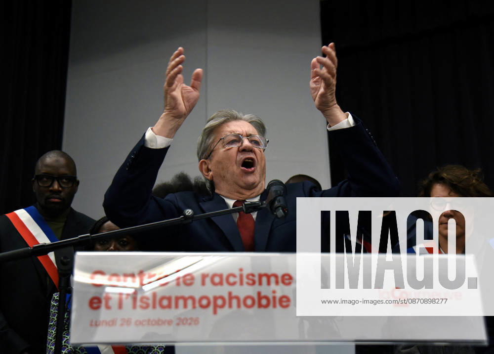 Jean-Luc Melenchon At Rally Against Racism In Tribute To Pengo Bossio Wangi - La Courneuve leftist party La France Insoumise (LFI) candidate in France s 2027 presidential election Jean-Luc Melenchon during a rally against racism and islamophobia to Pengo Bossio Wangi, victim of a racist attack in Trappes, in the Yvelines departement near Paris, by bursts whose alleged perpetrator, Kevin T. is suspected of having acted by racism, La Courneuve, France on October 26, 2026. Photo by Alain Apaydin ABACAPRESS.COM La Courneuve France