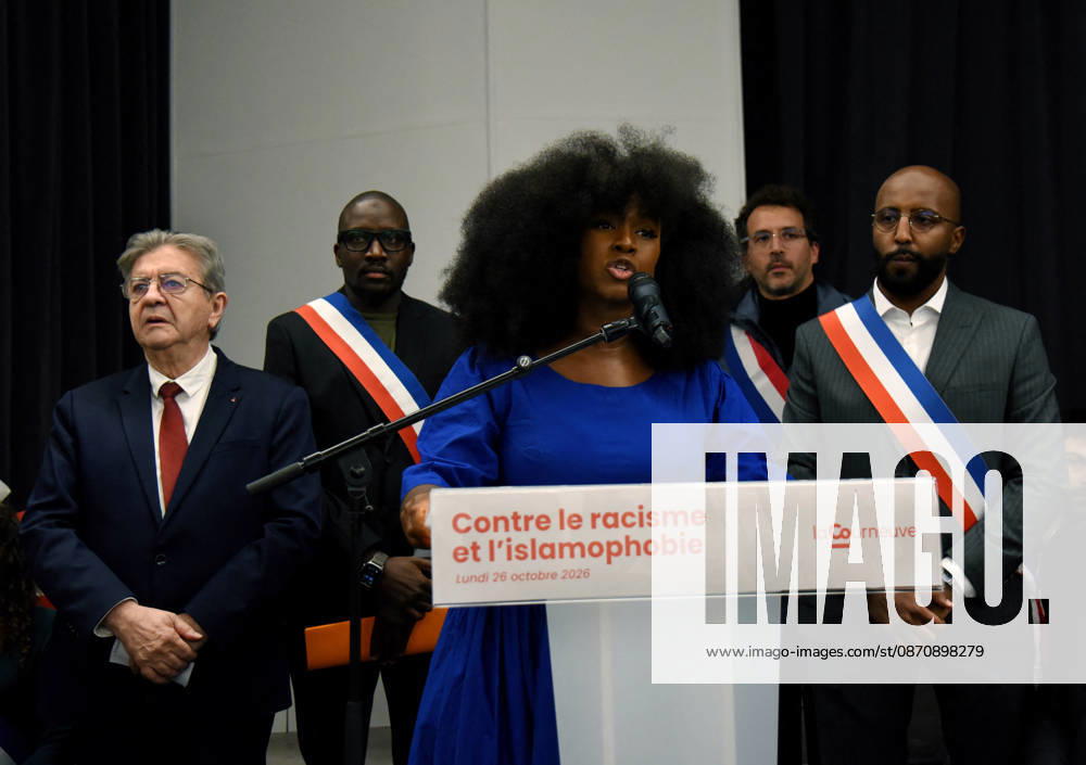 Jean-Luc Melenchon At Rally Against Racism In Tribute To Pengo Bossio Wangi - La Courneuve La Courneuve 2nd Deputy mayor Mohamed Awad, leftist party La France Insoumise (LFI) candidate in France s 2027 presidential election Jean-Luc Melenchon, anti-racist activist Assa Traore, La Courneuve s mayor Aly Diouara during a rally against racism and islamophobia to Pengo Bossio Wangi, victim of a racist attack in Trappes, in the Yvelines departement near Paris, by bursts whose alleged perpetrator, Kevin T. is suspected of having acted by racism, La Courneuve, France on October 26, 2026. Photo by Alain Apaydin ABACAPRESS.COM La Courneuve France