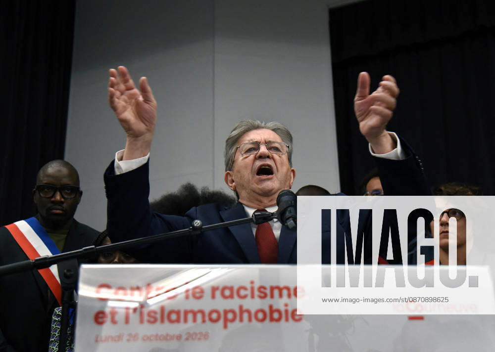 Jean-Luc Melenchon At Rally Against Racism In Tribute To Pengo Bossio Wangi - La Courneuve leftist party La France Insoumise (LFI) candidate in France s 2027 presidential election Jean-Luc Melenchon during a rally against racism and islamophobia to Pengo Bossio Wangi, victim of a racist attack in Trappes, in the Yvelines departement near Paris, by bursts whose alleged perpetrator, Kevin T. is suspected of having acted by racism, La Courneuve, France on October 26, 2026. Photo by Alain Apaydin ABACAPRESS.COM La Courneuve France