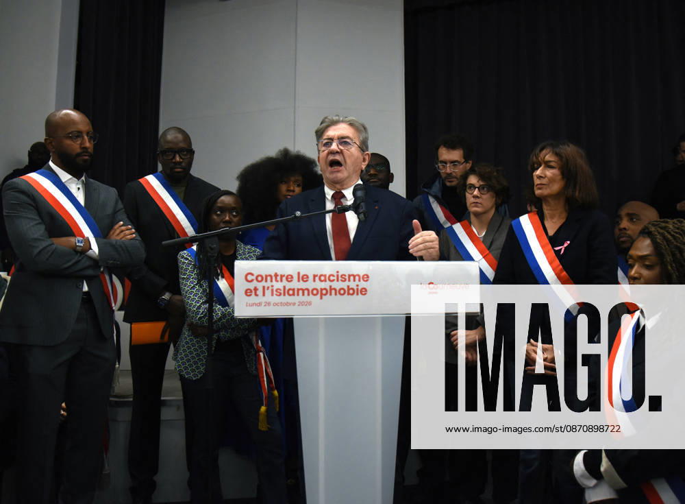 Jean-Luc Melenchon At Rally Against Racism In Tribute To Pengo Bossio Wangi - La Courneuve La Courneuve 2nd Deputy mayor Mohamed Awad, leftist party La France Insoumise (LFI) candidate in France s 2027 presidential election Jean-Luc Melenchon, anti-racist activist Assa Traore, La Courneuve s mayor Aly Diouara during a rally against racism and islamophobia to Pengo Bossio Wangi, victim of a racist attack in Trappes, in the Yvelines departement near Paris, by bursts whose alleged perpetrator, Kevin T. is suspected of having acted by racism, La Courneuve, France on October 26, 2026. Photo by Alain Apaydin ABACAPRESS.COM La Courneuve France