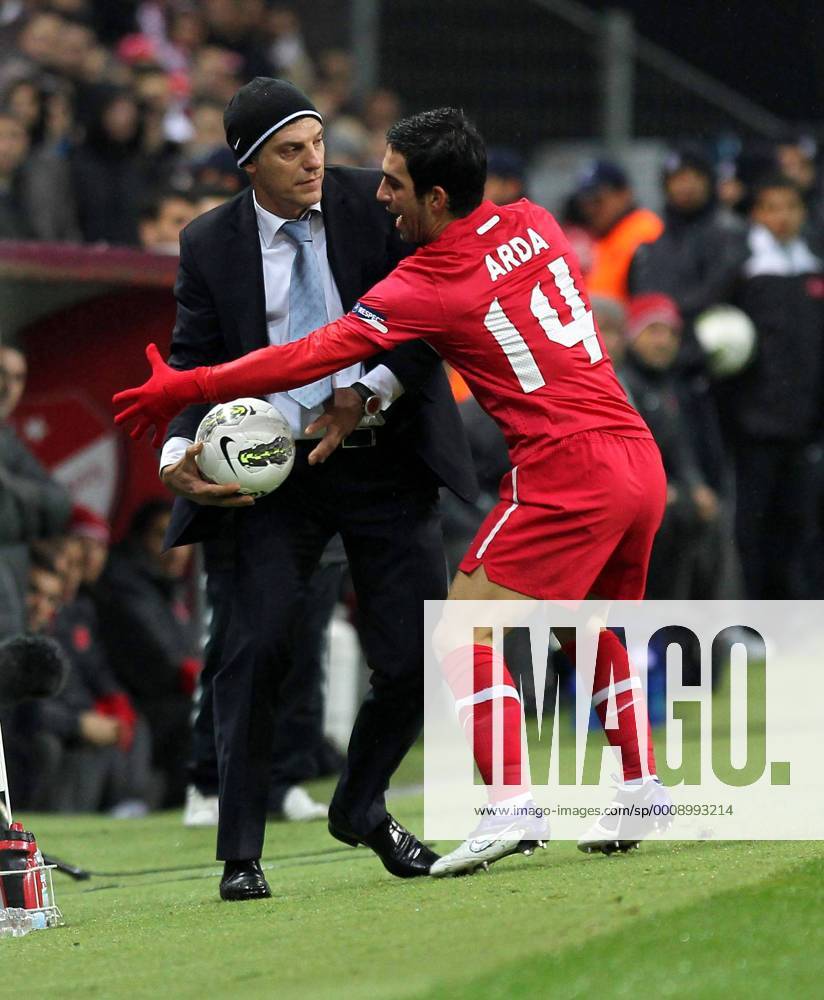 UEFA Euro 2012 play off first leg match between Turkey and Croatia ( blue)at Turk Telekom Arena Stadium in Istanbul, Turkey 11.11.2011 Match scored: Turkey 0 - Croatia 3 Pictured: Arda Turan of Turkey and Coach Slaven Bilic of Croatia.