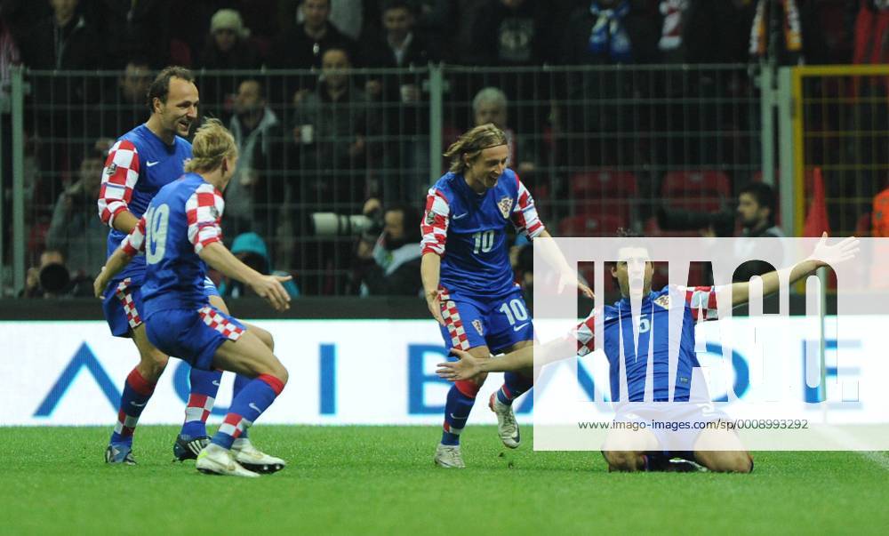UEFA Euro 2012 play off first leg match between Turkey and Croatia ( blue)at Turk Telekom Arena Stadium in Istanbul, Turkey 11.11.2011 Match scored: Turkey 0 - Croatia 3 Pictured: Vedran Corluka and Luka Modric of Croatia.