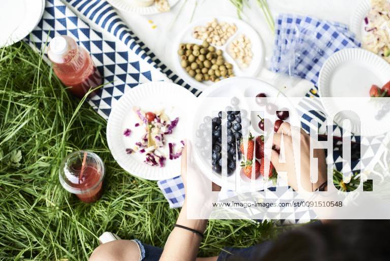 Top view of woman eating berries at a picnic in park model released Symbolfoto IGGF00993