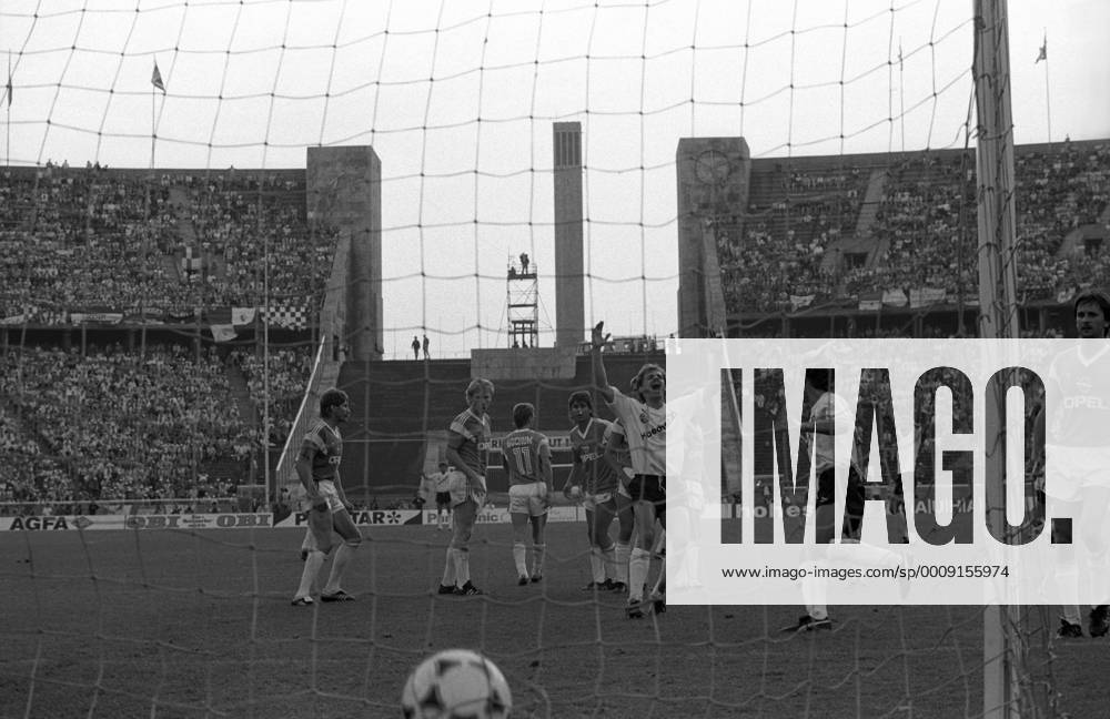 Fußball, DFB-Pokalfinale 1987 1988, Eintracht Frankfurt - VfL Bochum Eintracht Frankfurt - VfL Bochum 1:0 - Dietmar Roth (Frankfurt, Mitte) bejubelt den entscheidenden Torerfolg, dahinter die enttäuschten Lothar Woelk (li.), Rob Reekers (2.v.li.) und Thomas Epp (4.v.li.)