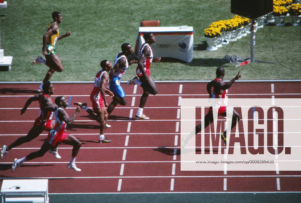 Athletics : Seoul Olympics 1988 Men s 100m Final. Ben Johnson (Canada) breaks away from Carl Lewis (USA) and Linford Christie (GBR) to win which was later taken away from him after proving positive in a drugs test. 24 09 1988