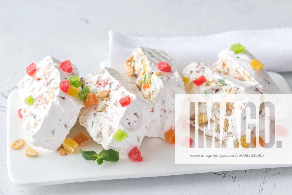 White nougat with fresh mint leaves