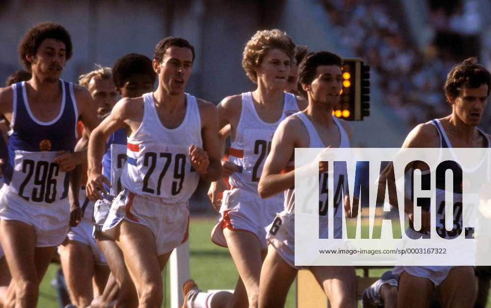 1500 Meter v.re.: Jürgen Straub (DDR), Sebastian Coe, Steve Cram ...