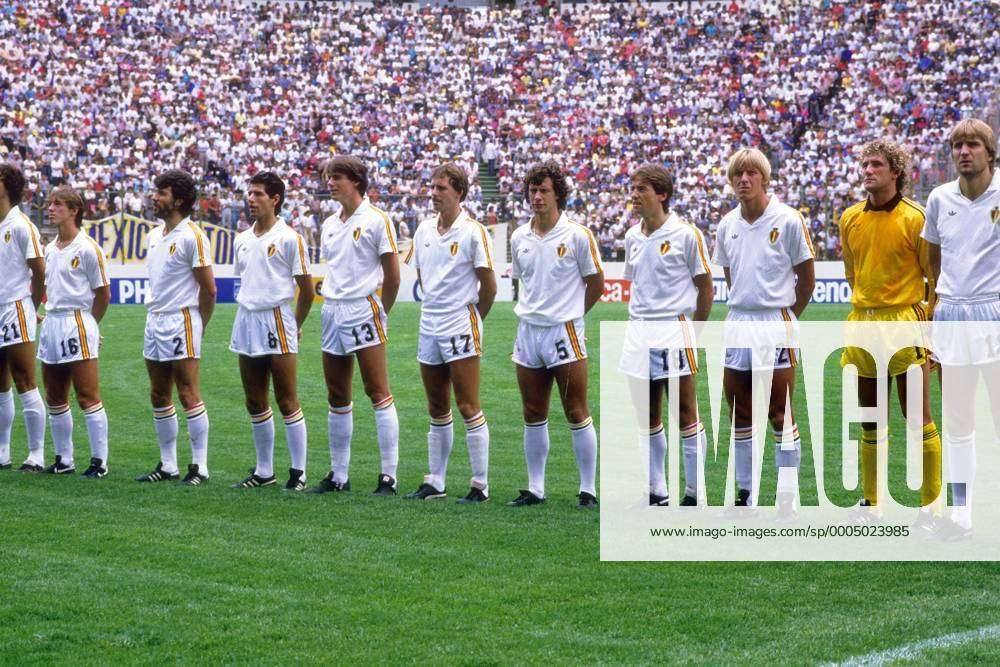  The image shows the Belgium national football team with Enzo Scifo, Jan Ceulemans and Jean-Marie Pfaff posing for a team photo during the 1986 FIFA World Cup.