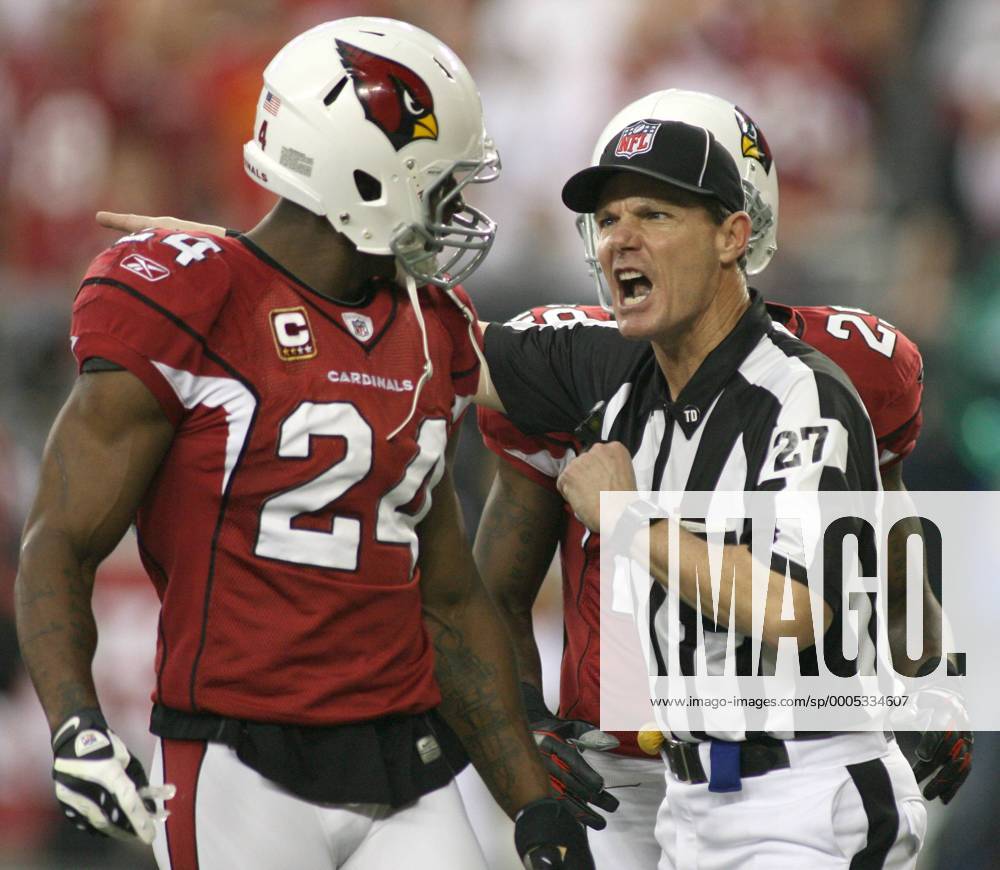 Back Judge Lee Dyer (R) has a few words with Arizona Cardinals safety  Adrian Wilson (L)