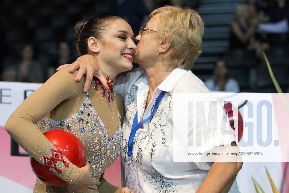 Yevghenia Kanayeva, RUS, and coach Vera Stelbaums after apparatus final at  2011 Rhythmic Gymnastics