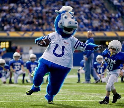 18 December 2011: Indianapolis Colts mascot Blue stiff-arms a your players  at halftime during game