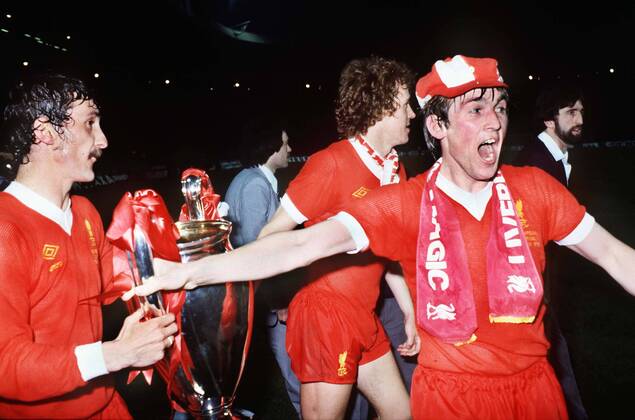 Trophy Celebrations. Kenny Dalglish (Liv) celebrates with Terry McDermott Liverpool v Bruges. European Cup Final 1978 at Wembley.
