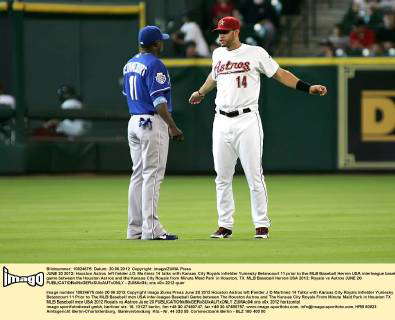 JUNE 20 2012: Houston Astros left fielder J.D. Martinez 14 talks