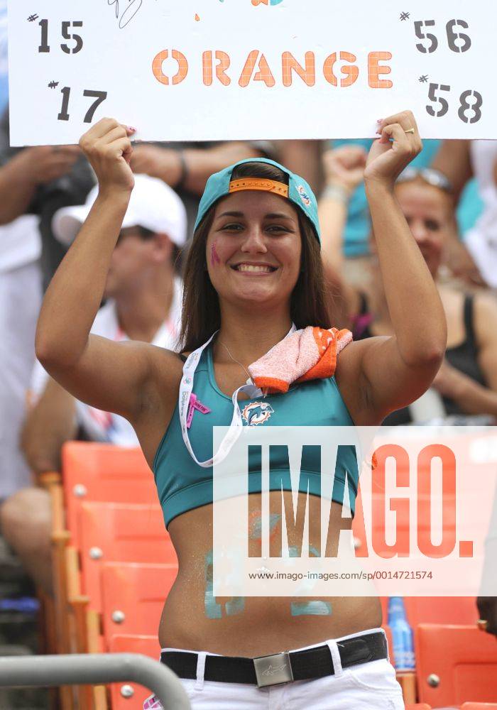 October 06, 2013: Female Miami Dolphins fan wearing body paint and holds a  sign in the