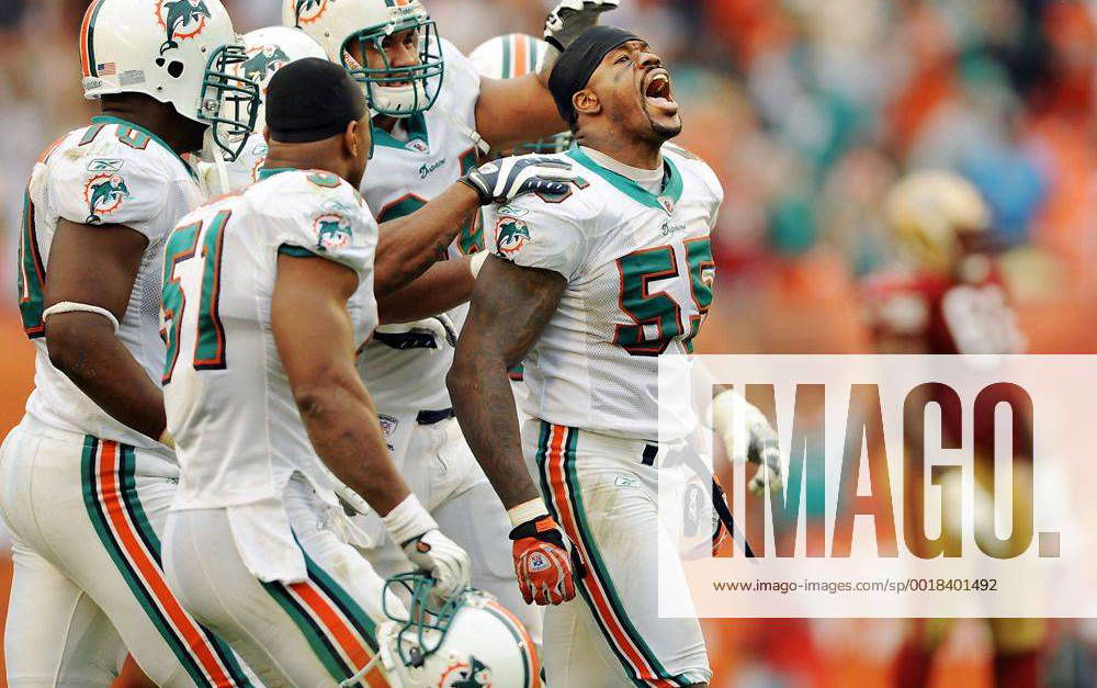 Dec. 14, 2008 - Miami Dolphins linebacker Joey Porter celebrates his  game-clinching sack of San Fran