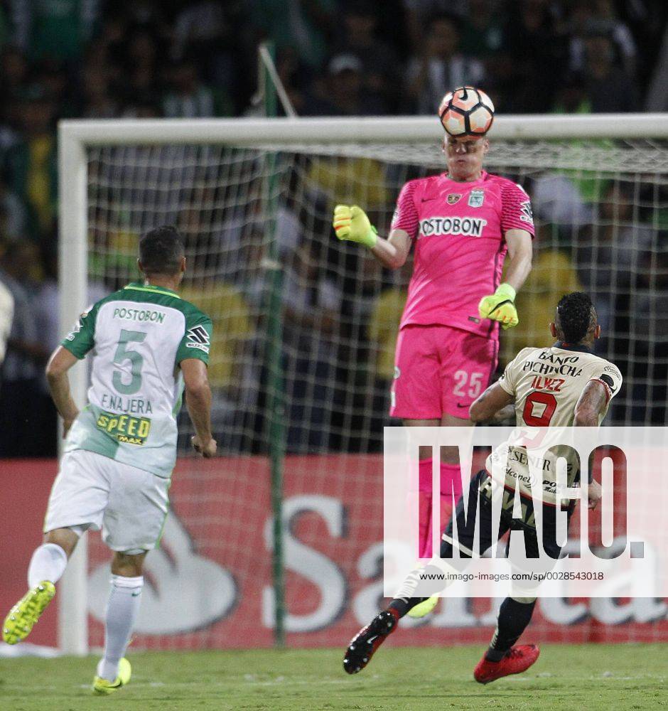 Colombian goalkeeper Atletico Nacional Franco Armani C vies the