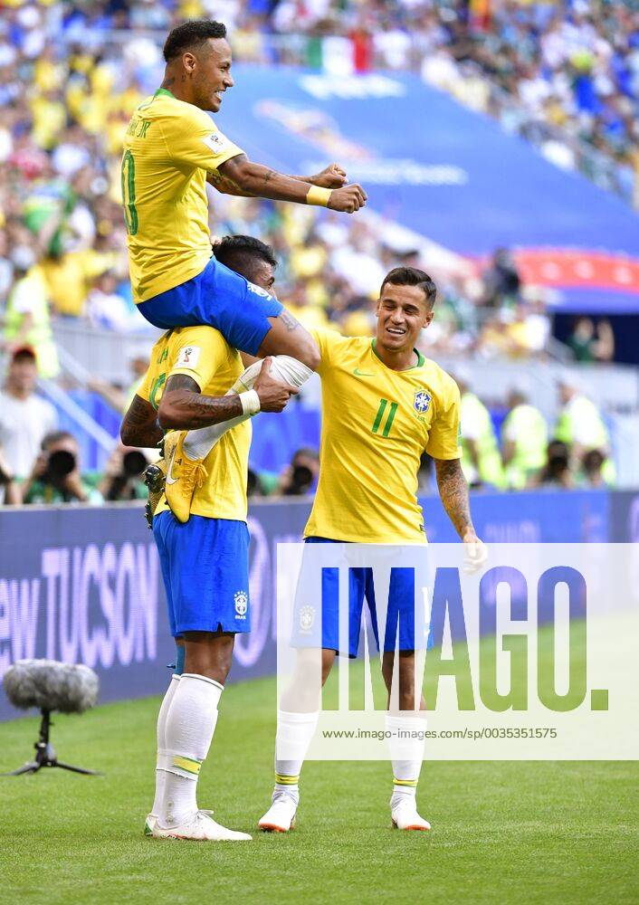 SAMARA, Neymar of Brazil celebrates scoring with teammates during the ...