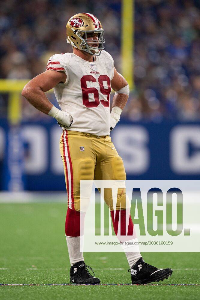 INDIANAPOLIS, IN - AUGUST 25: San Francisco 49ers tackle Mike McGlinchey (69)  stands on the field