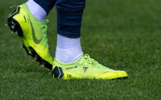 The nike mercurial football boot of Neymar Paris Saint Germain of Brazil pre match displaying