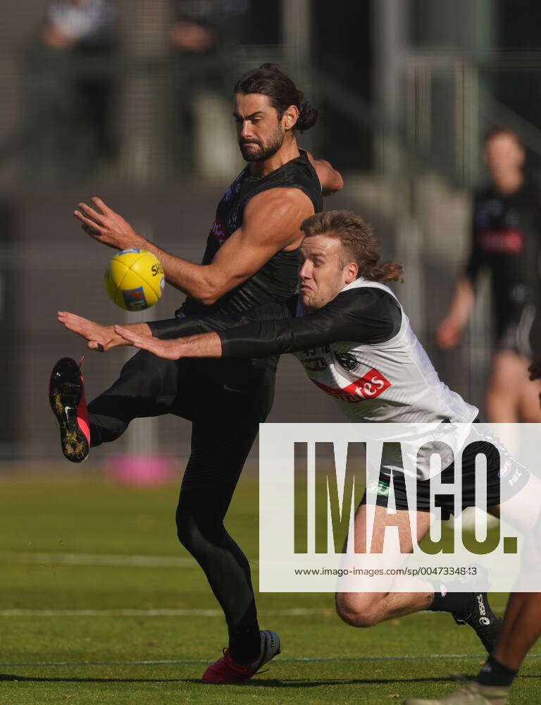 AFL MAGPIES TRAINING Brodie Grundy has his kick smothered by Max