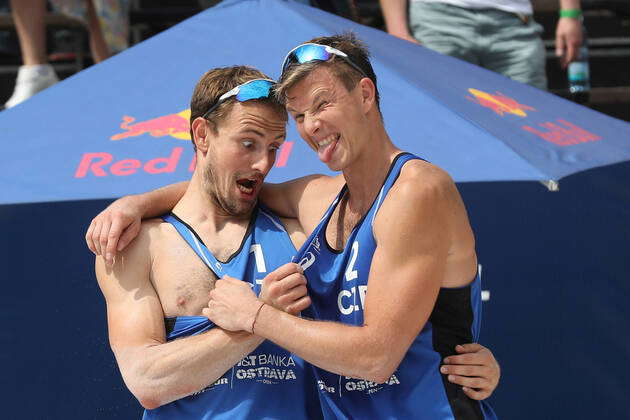 Ondrej Perusic, left, and David Schweiner of Czech Republic in action  during the Ostrava Beach Open