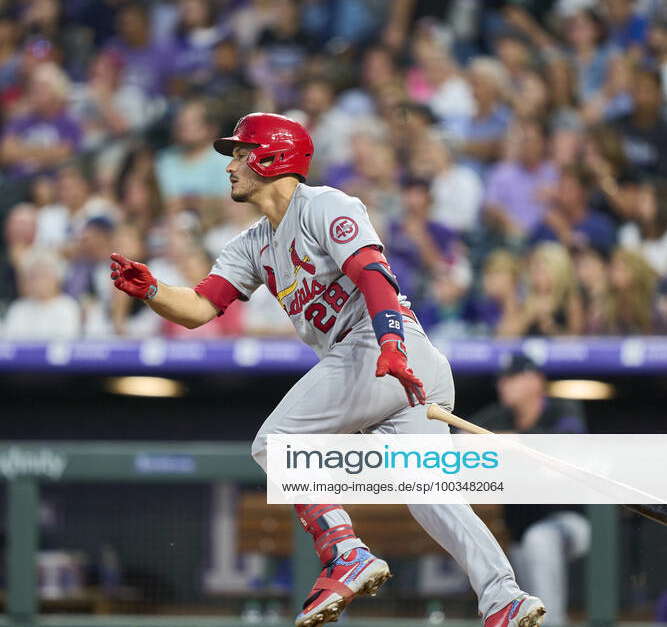 July 2. 2021: Saint Louis third basemen Nolan Arenado (28) swings