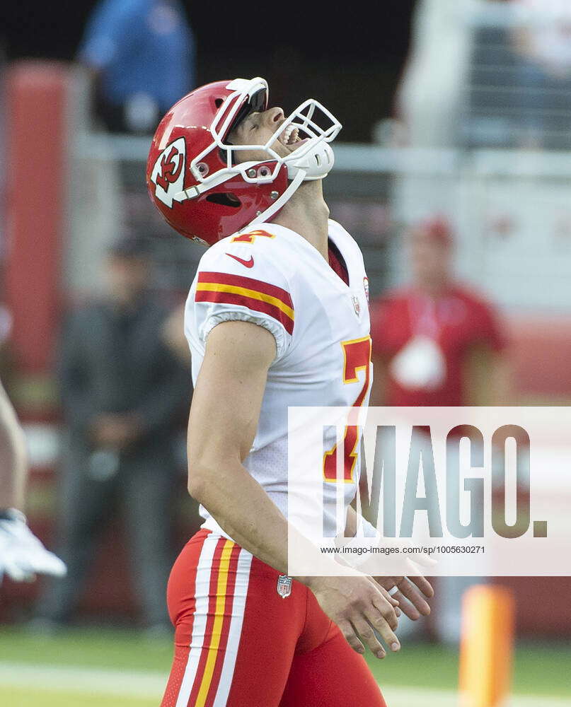 Kansas City Chiefs kicker Harrison Butker (7) reacts to missing a 62