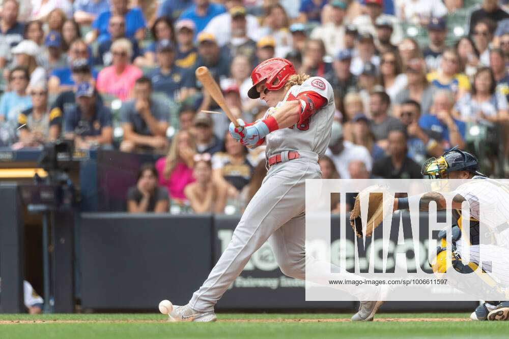 MILWAUKEE, WI - JUNE 22: St. Louis Cardinals center fielder Harrison Bader  (48) bats during an MLB game against the Milwaukee Brewers on June 22, 2022  at American Family Field in Milwaukee