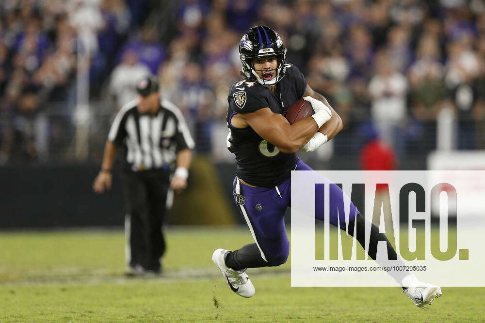 Baltimore Ravens tight end Josh Oliver (84) works out before an