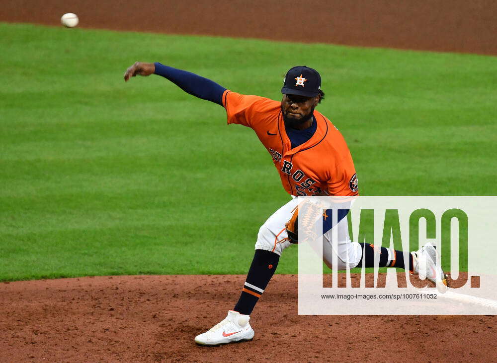 Houston, USA. 27th Oct, 2021. Houston Astros relief pitcher Cristian Javier  throws in the 6th inning in game two against the Atlanta Braves in the MLB  World Series at Minute Maid Park