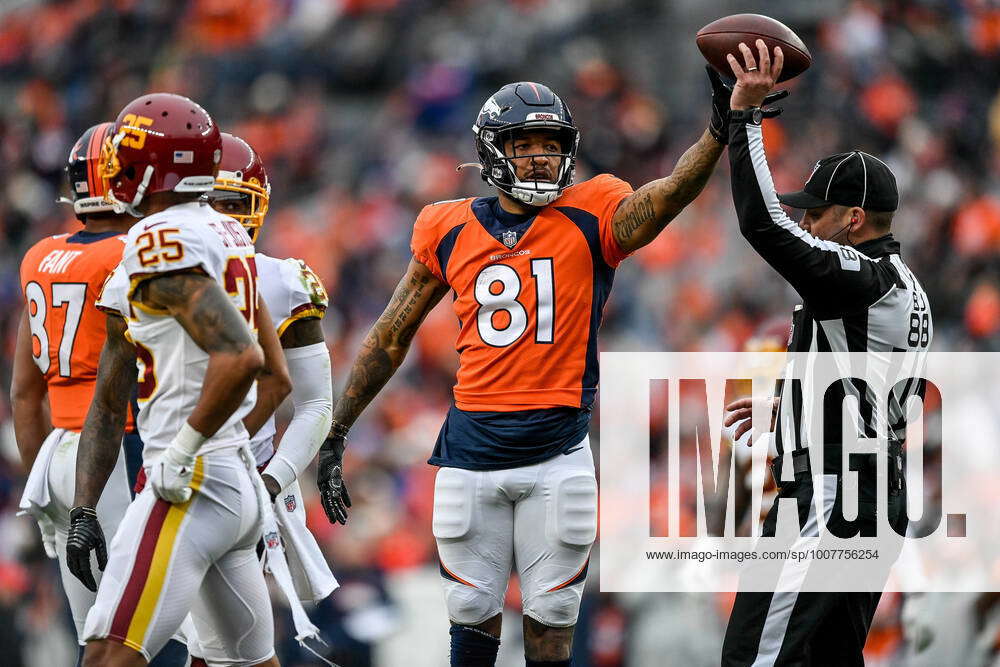 Denver Broncos wide receiver Tim Patrick (81) celebrates a