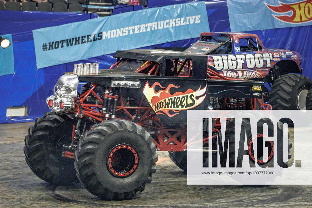 NORFOLK, VA - OCTOBER 31: Monster Truck Bone Shaker driven by Cody Holman  doing stunts during Hot Wheels Monster Trucks Live on October 31, 2021, at  Scope Arena in Norfolk, VA. (Photo