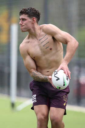 NRL BRONCOS TRAINING, Jordan Riki of the Broncos passes the ball during a  Brisbane Broncos NRL