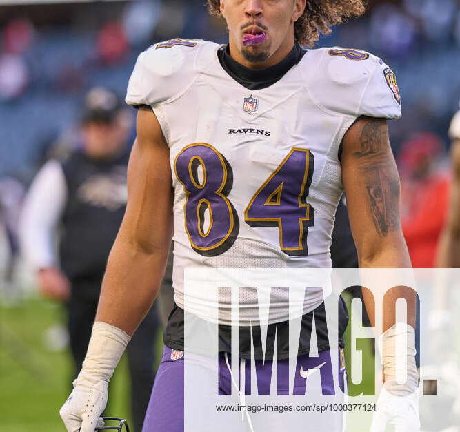 CHICAGO, IL - NOVEMBER 21: Baltimore Ravens tight end Josh Oliver (84)  looks on during a game