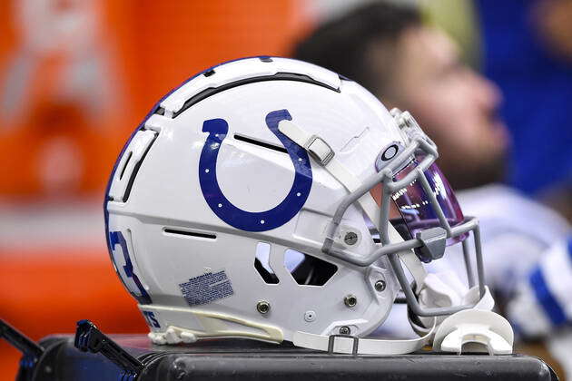 Houston, TX. December 5, 2021: An Indianapolis Colts helmet sits