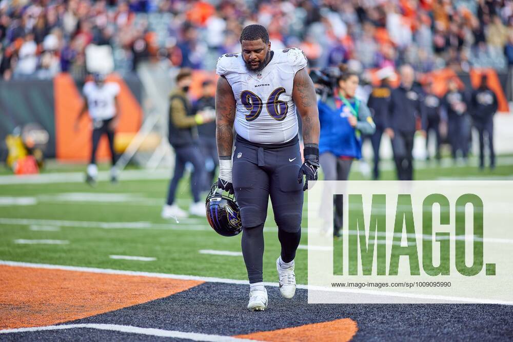 Baltimore Ravens defensive tackle Broderick Washington (96) warms