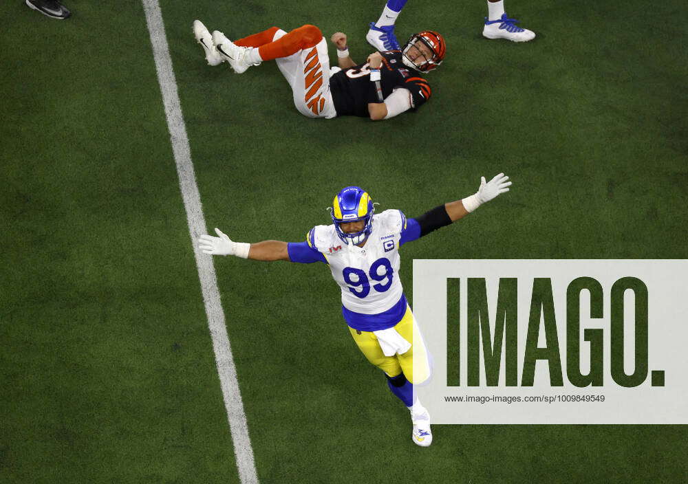 Los Angeles, California, USA. 13th Feb, 2022. Los Angeles Rams defensive  tackle Aaron Donald (99) celebrates his game winning sack at the NFL Super  Bowl 56 LVI football game between the Los