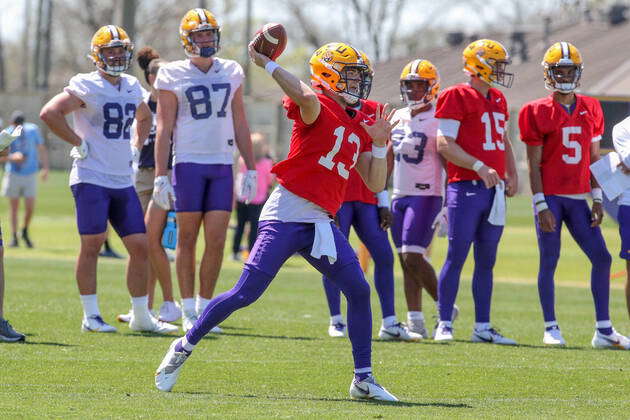 March 26 2022 Lsu Quarterback Garrett Nussmeier 13 Delivers A Pass