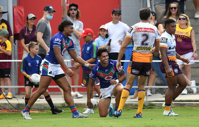 Jesse Arthars Rtry NRL WARRIORS BRONCOS, Jesse Arthars of the Warriors celebrates scoring ...
