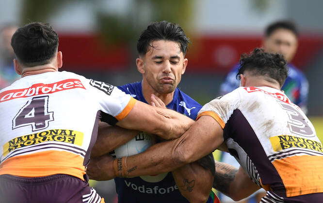 Jesse Arthars Rtry NRL WARRIORS BRONCOS, Jesse Arthars of the Warriors celebrates scoring ...