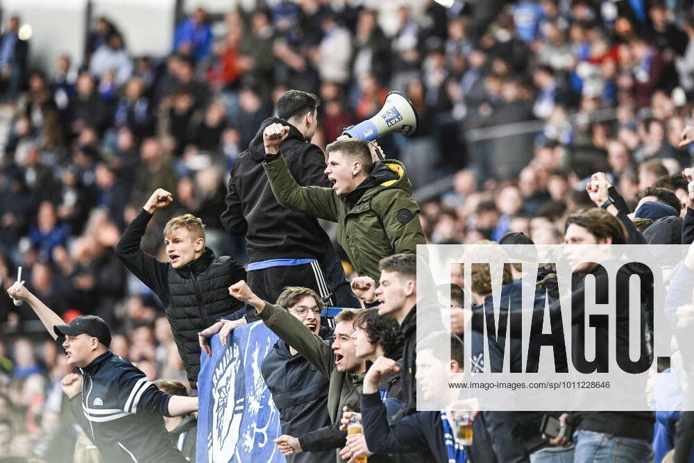 Fans celebrate during a soccer match between KAA Gent and OudHeverlee