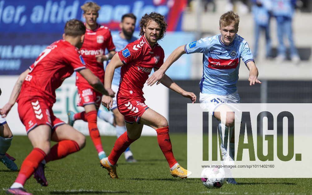 Isak Jensen 30 from SoenderjyskE on the ball in the 3F Superliga match ...